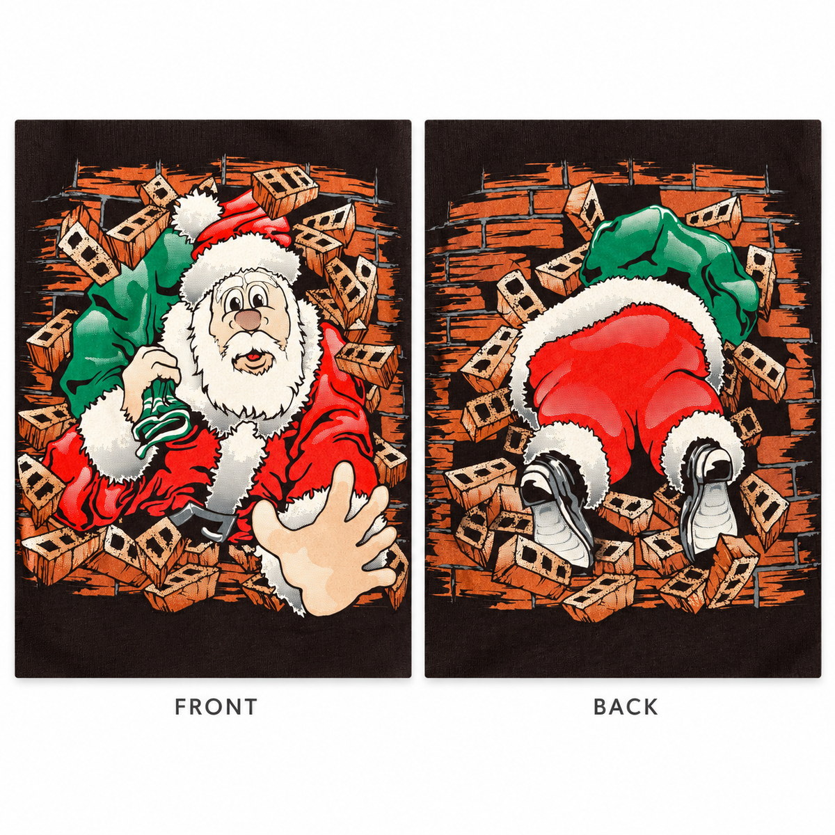 Santa busting through the front and back of the shirt