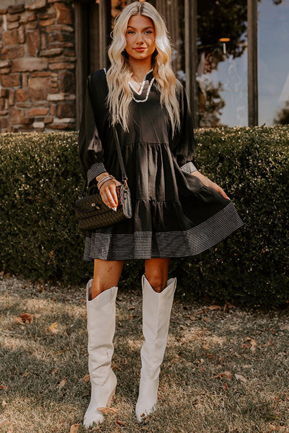 Black Contrast Stitched V Neck 3/4 Sleeve Swing Mini Dress