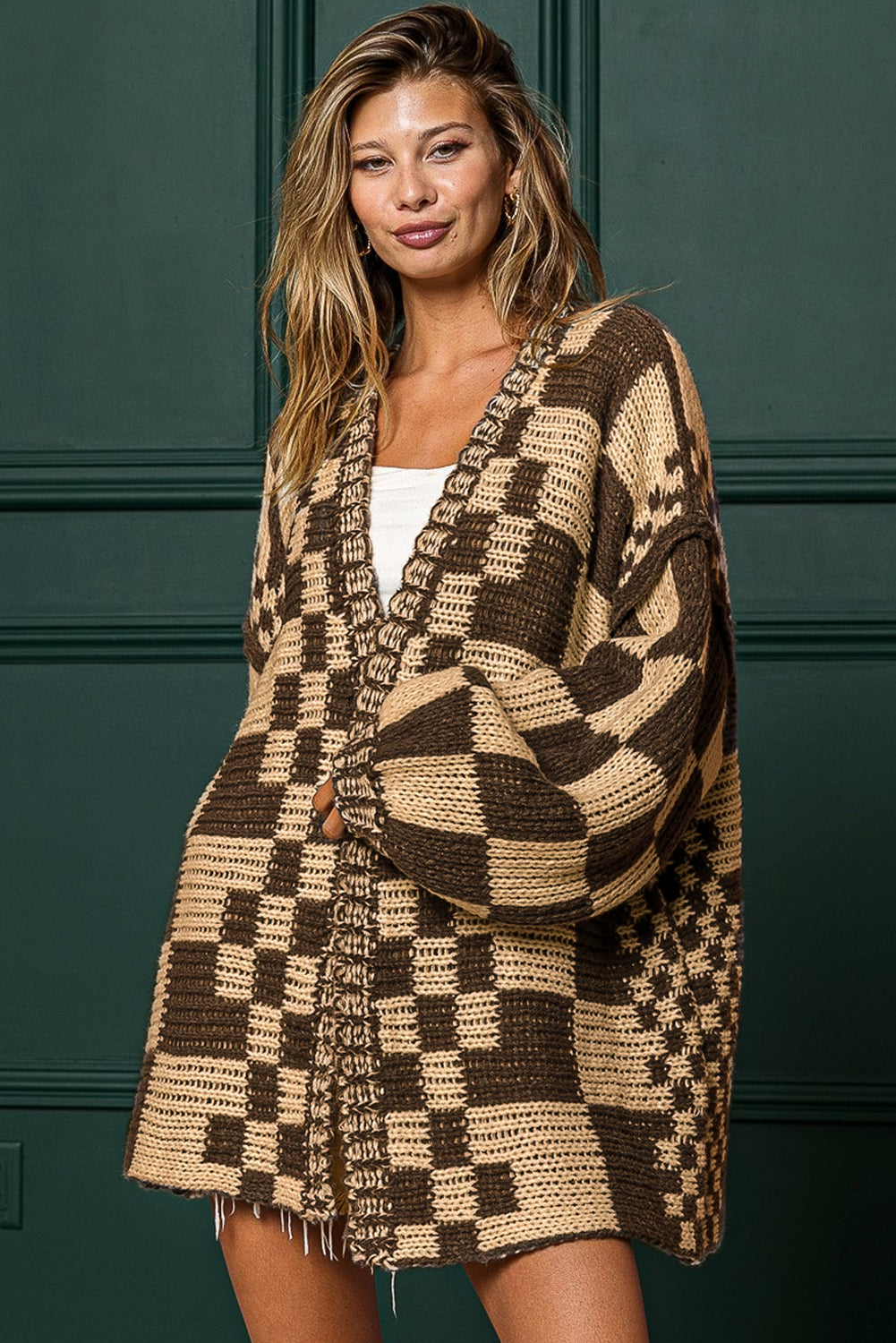 Rose Red Colorblock Checked Open Front Knitted Cardigan