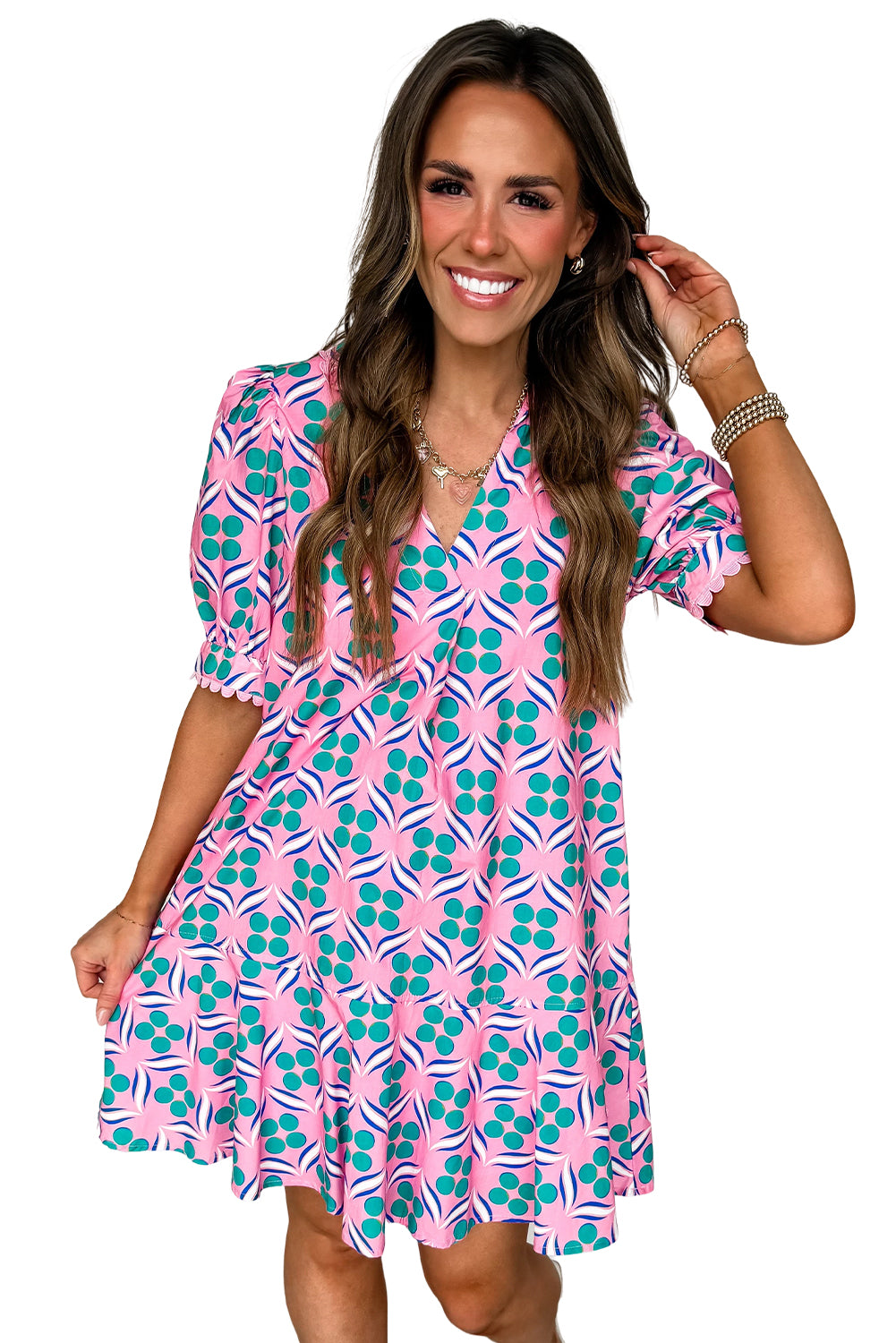 Pink Geometric Print V-Neck Ricrac Trim Mini Dress