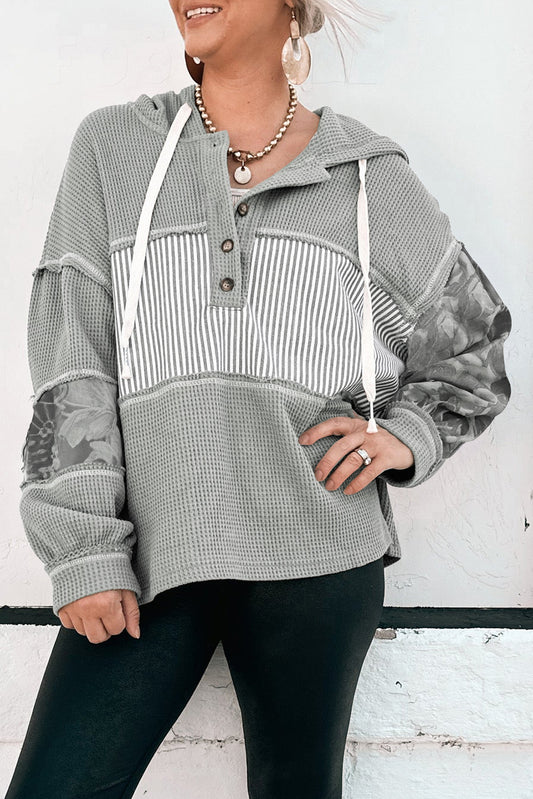 Gray Waffle Patchwork Drawstring Hooded Long Sleeve Top