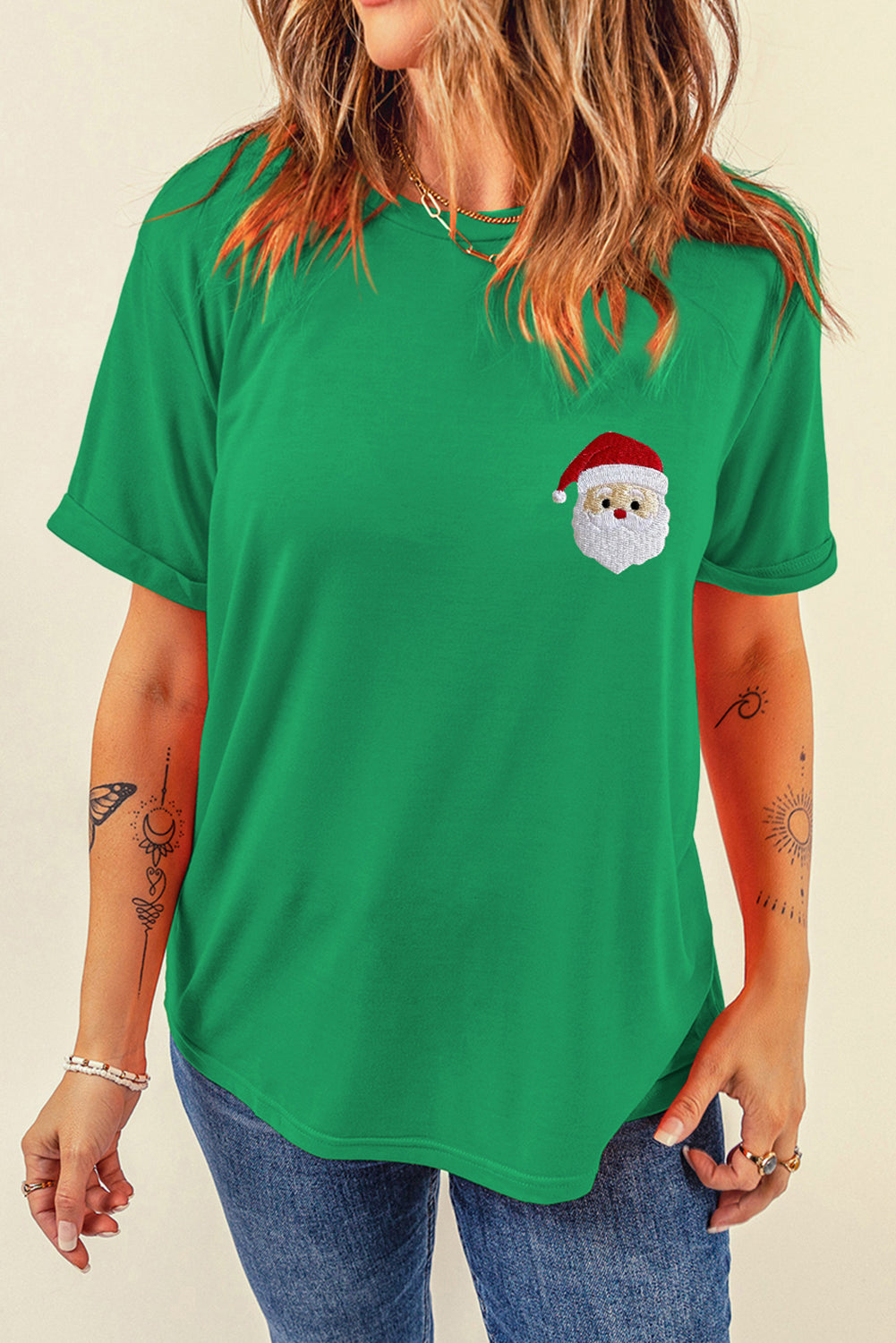 Bright Green Santa Clause Embroidered T Shirt