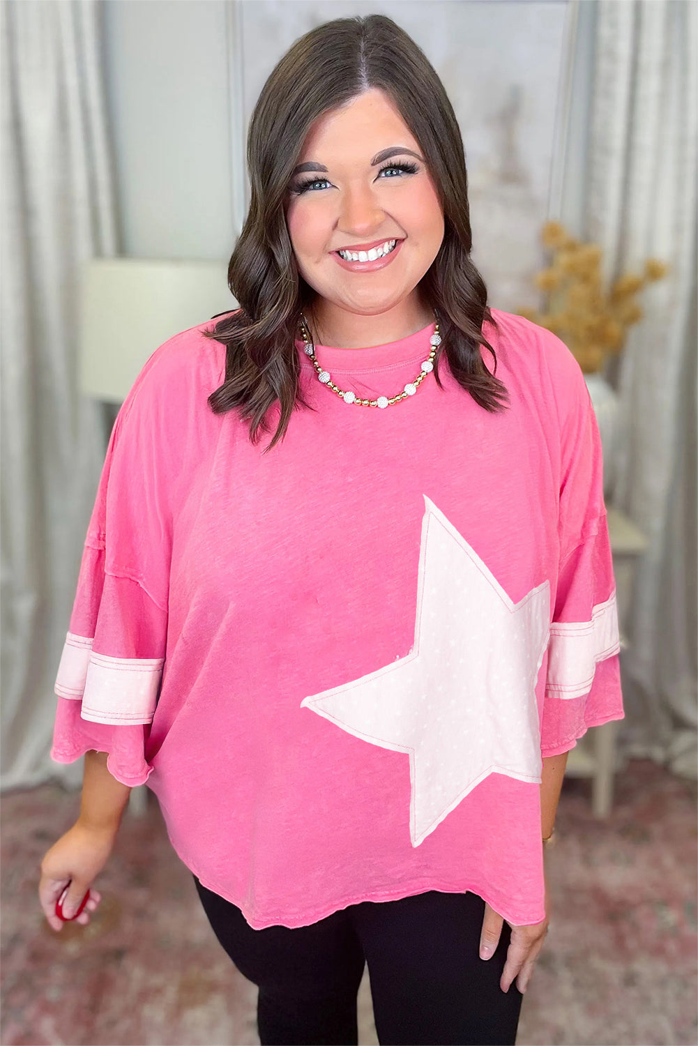 Pink Raw Edge Frayed Star Patched Plus Size Top