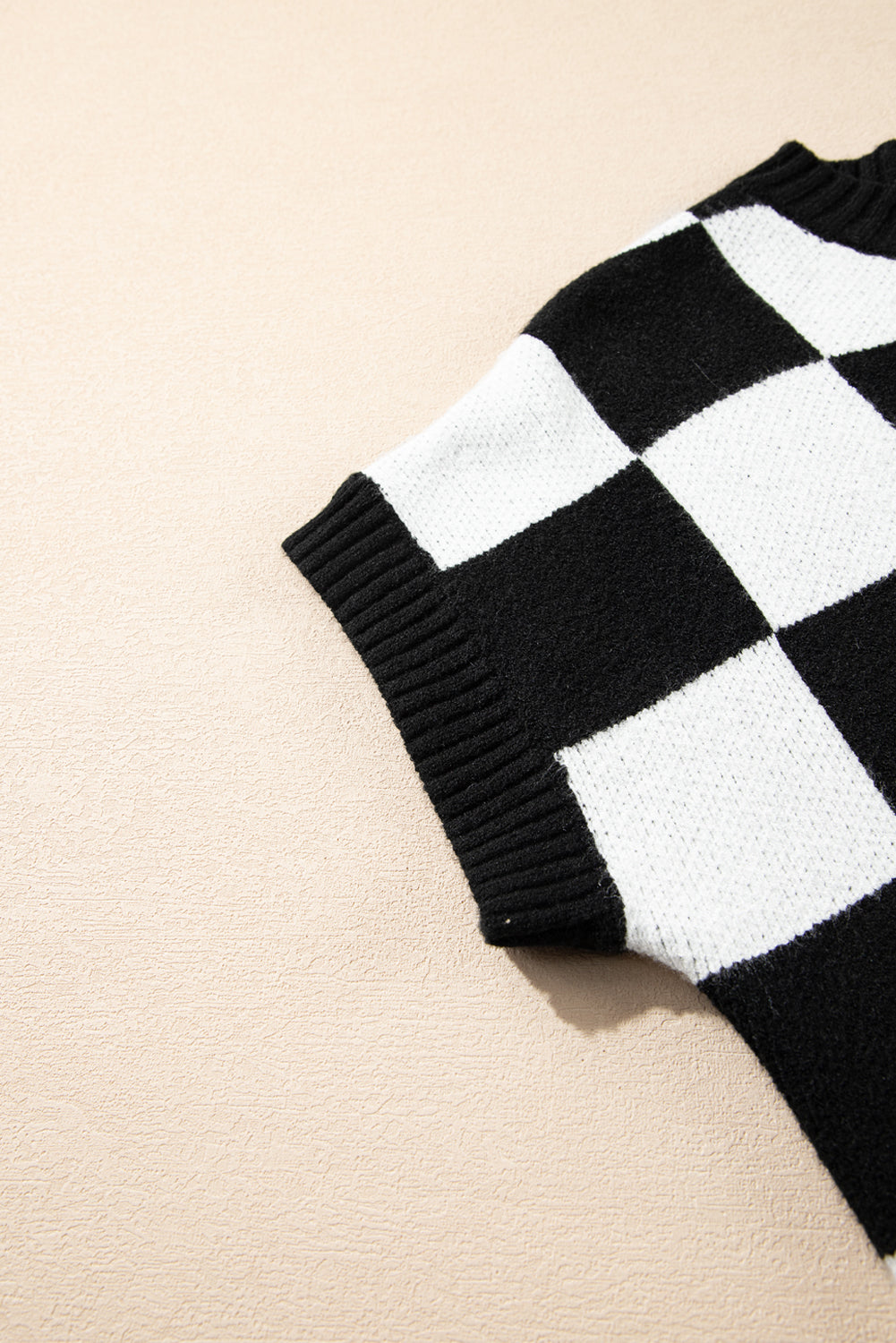 Light French Beige Checkered Knit Dolman Short Sleeve Sweater