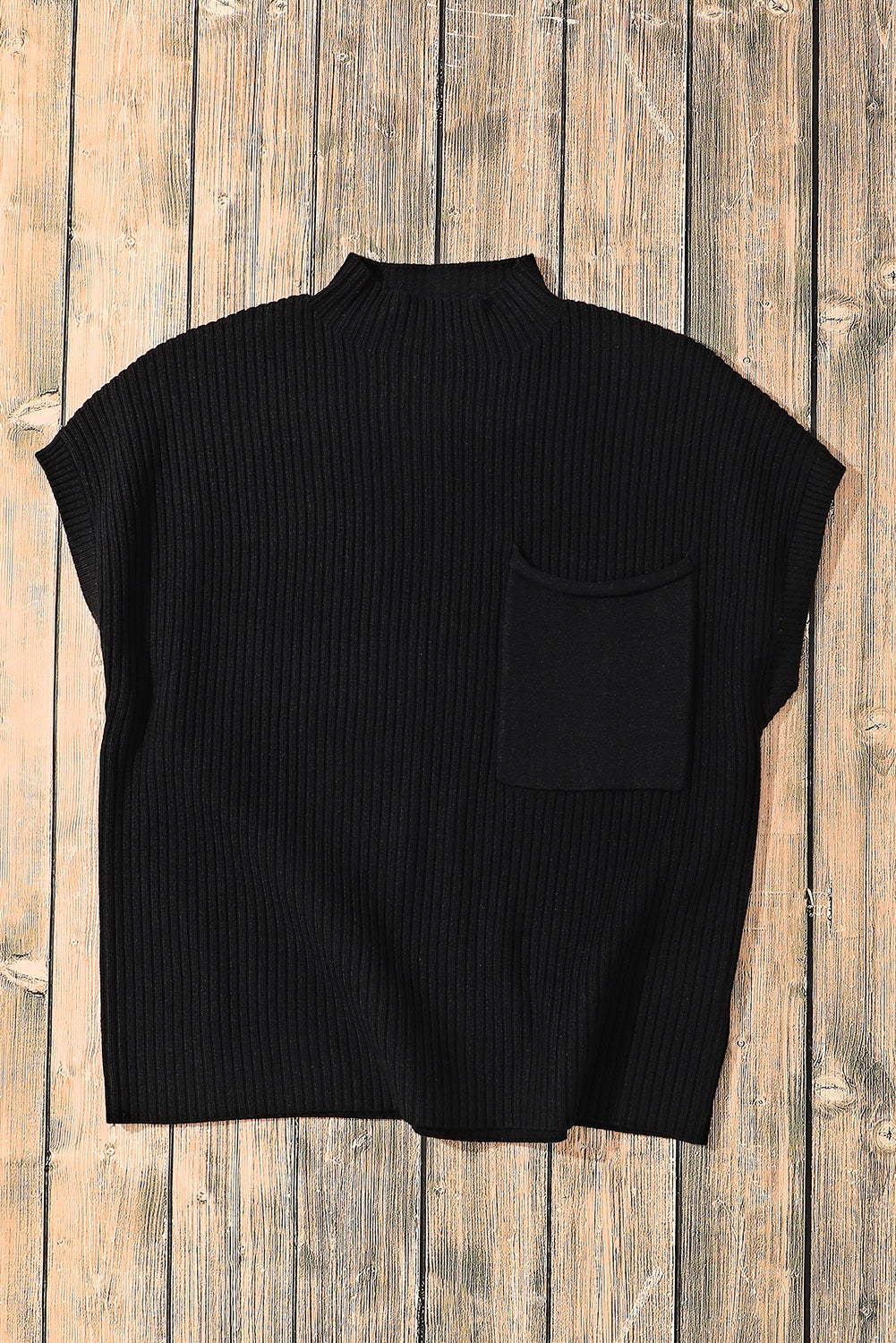 Dark Blue Patch Pocket Ribbed Knit Short Sleeve Sweater