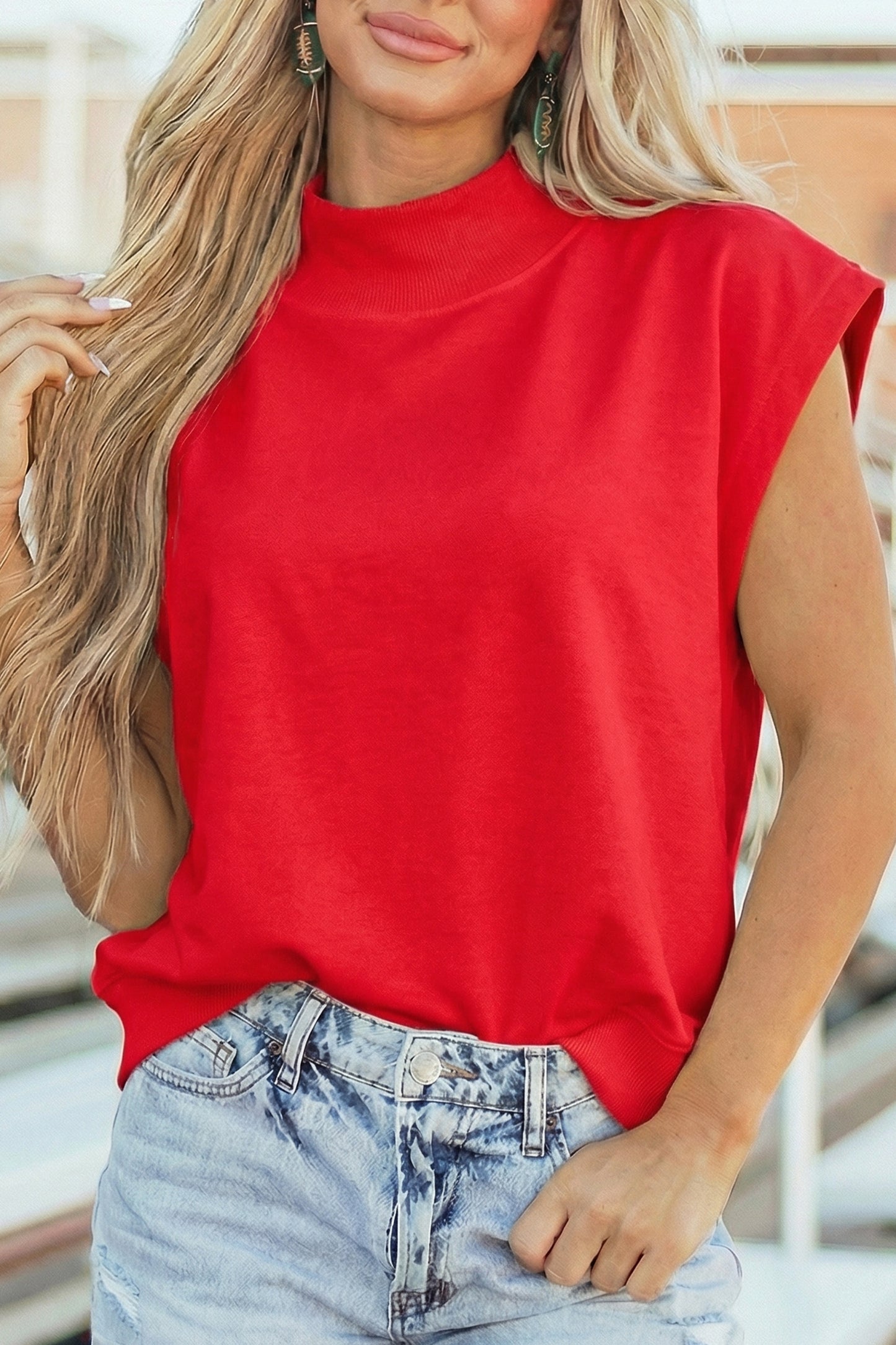 Black Solid Color High Neck Cap Sleeve Loose Top