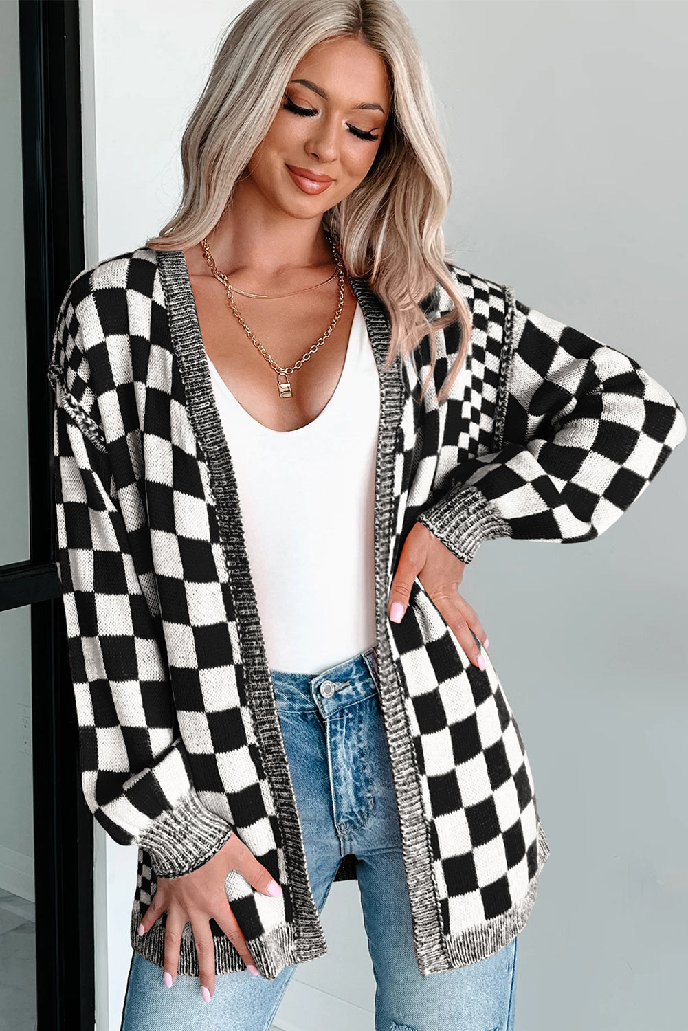 Black Checkered Open Front Drop Shoulder Cardigan