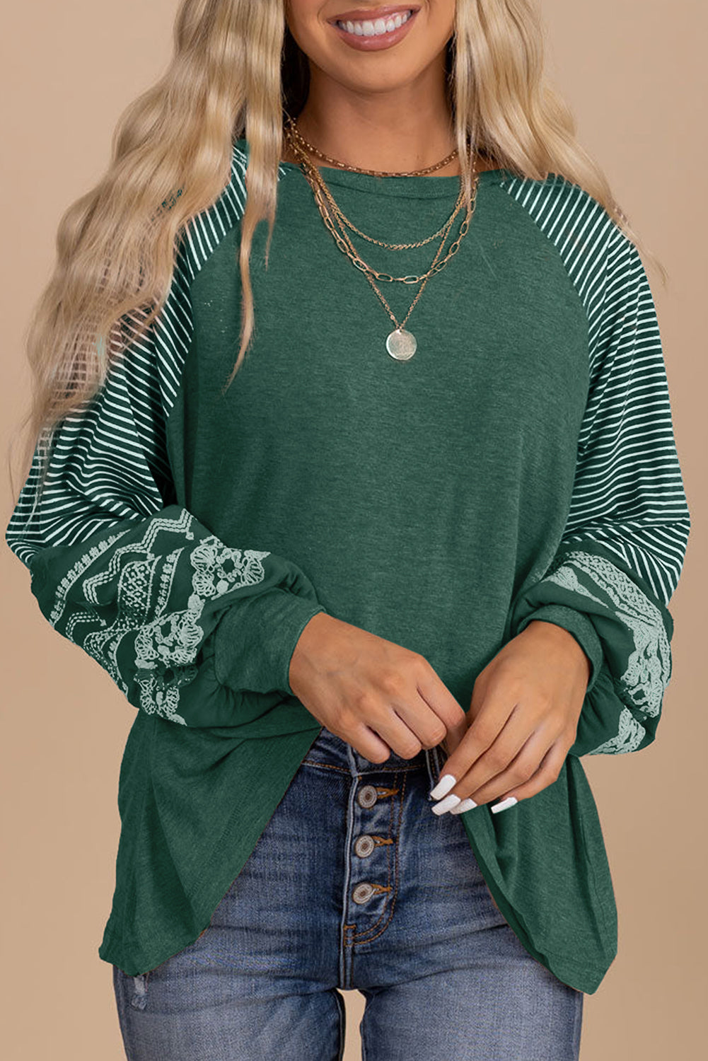 Brown Contrast Print Striped Raglan Long Sleeve Loose Top
