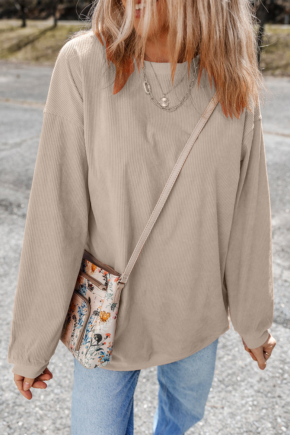 Light Pink Plain Drop Sleeve Crinkle Rib Oversized Sweatshirt