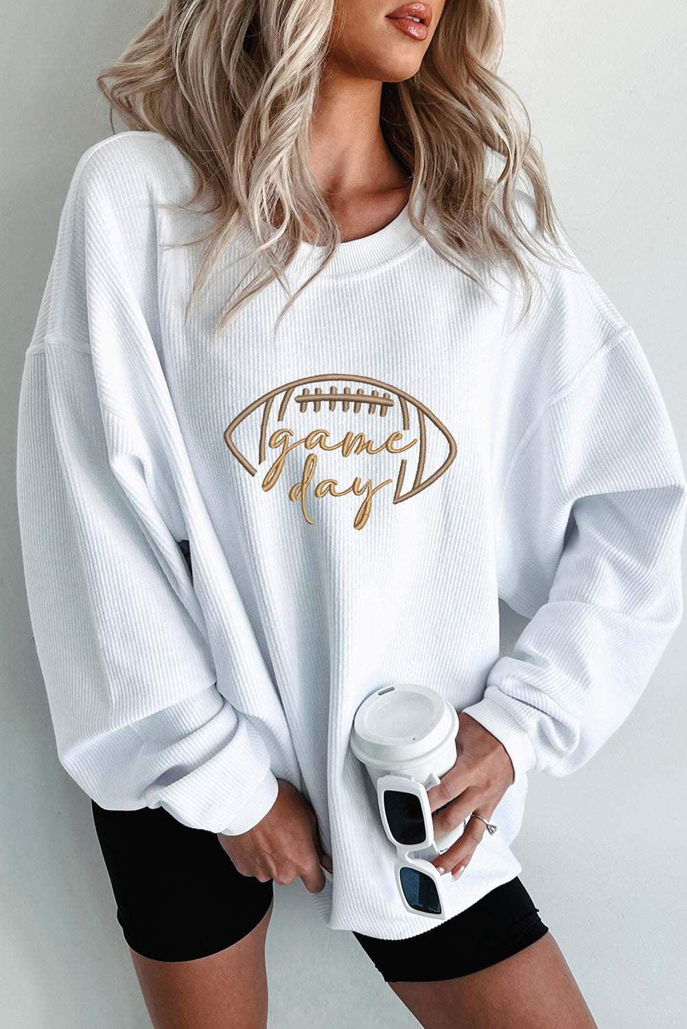 Dark Blue Football Graphic Drop Shoulder Game Day Corded Sweatshirt