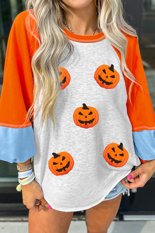 Light Grey Chenille Halloween Pumpkin Patched Patchwork Long Sleeve Top