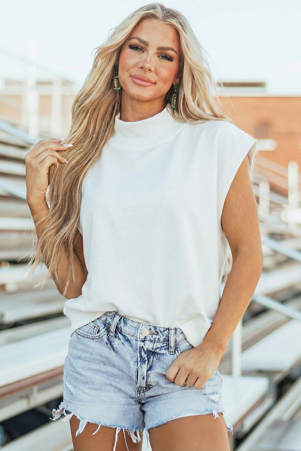 Black Solid Color High Neck Cap Sleeve Loose Top