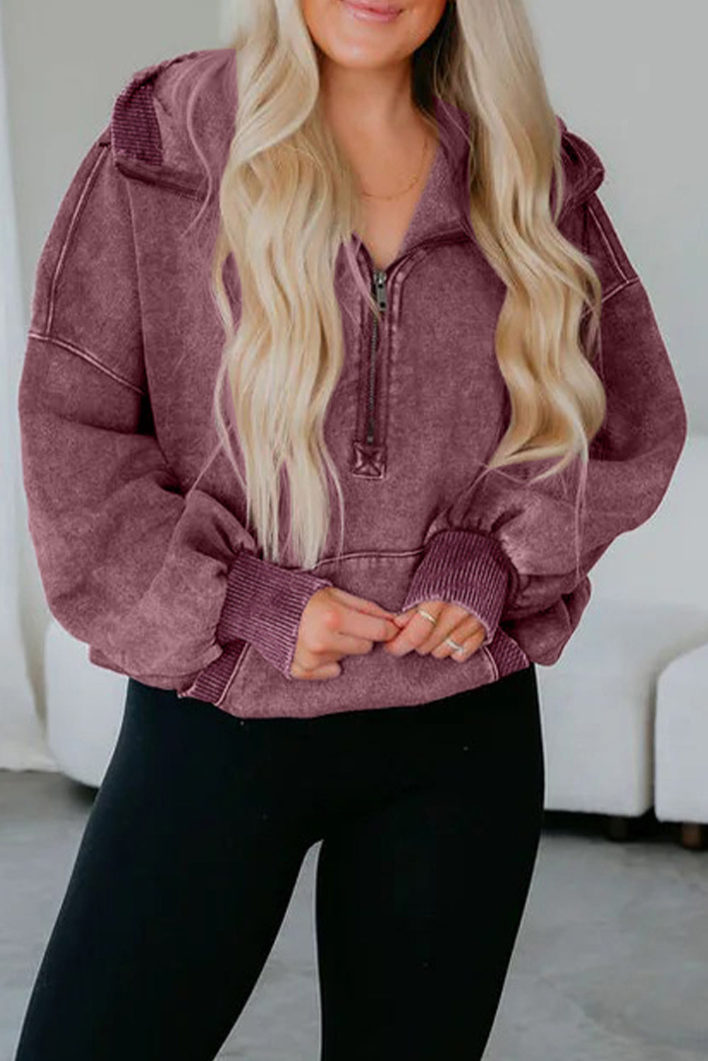 Elmwood Half Zip Kangaroo Pocket Mineral Wash Baggy Hoodie