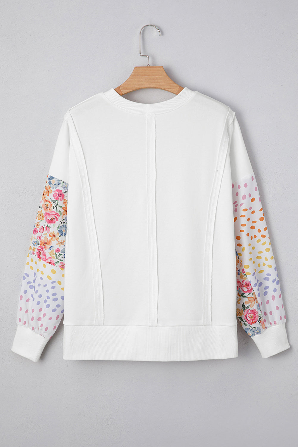 White Plus Size Exposed Seam Detail Contrast Dot Floral Patchwork Sleeve Sweatshirt