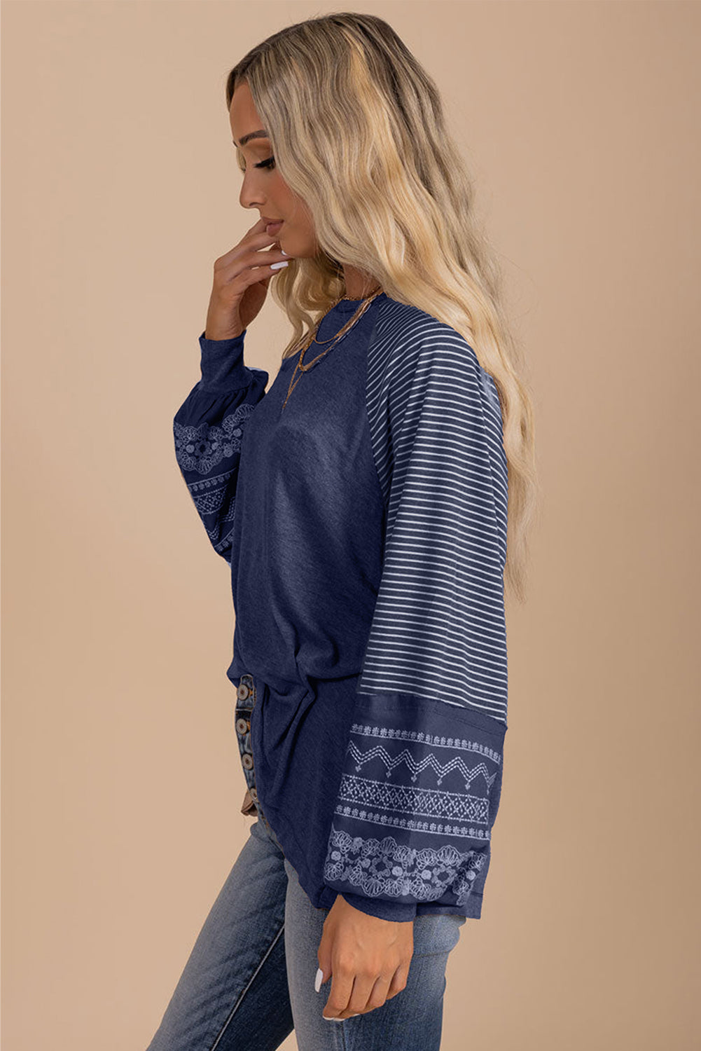 Brown Contrast Print Striped Raglan Long Sleeve Loose Top