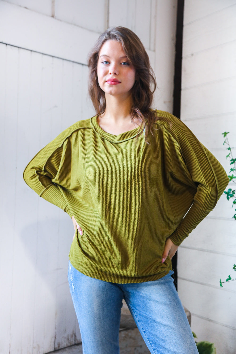 Meet You at the Bookstore Olive Ribbed Long Sleeve