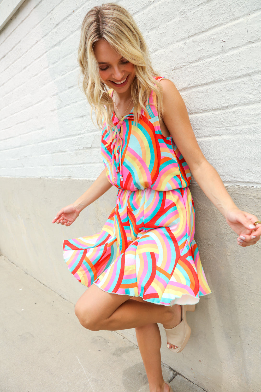 Find Love Multicolor Neck Ribbon Tie Bow Flare Hem Romper