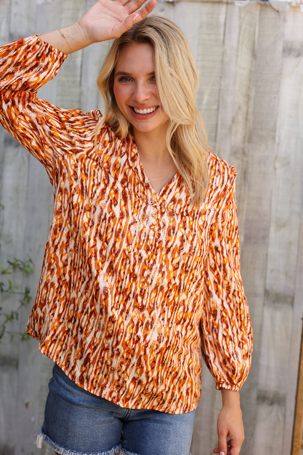Perfectly You Rust Satin Button-Down V Neck Elastic Sleeve Blouse