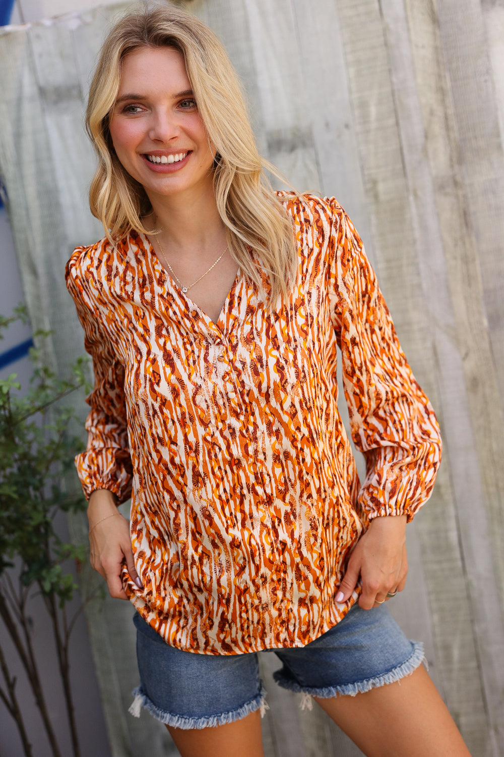 Perfectly You Rust Satin Button-Down V Neck Elastic Sleeve Blouse