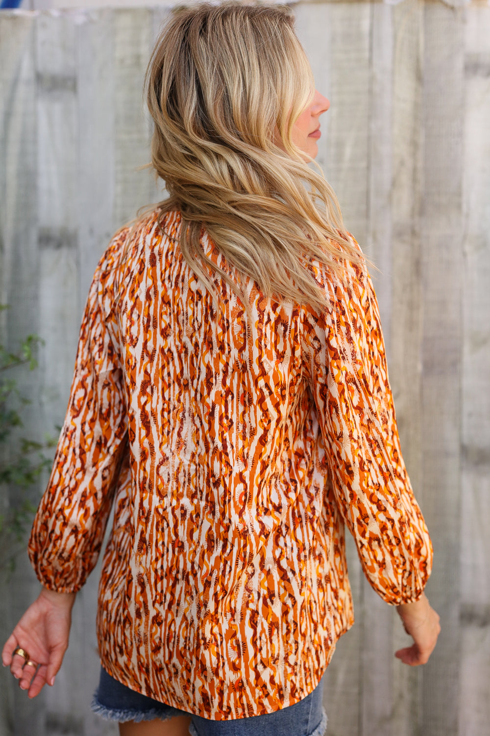 Perfectly You Rust Satin Button-Down V Neck Elastic Sleeve Blouse