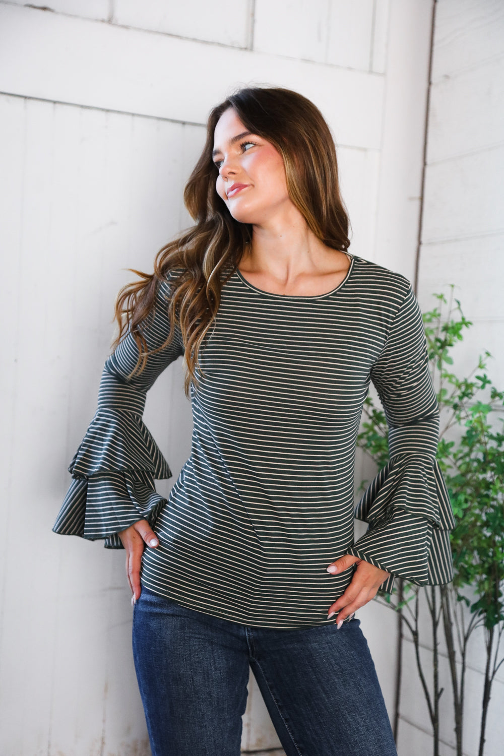 Sassy in Stripes Olive Blouse