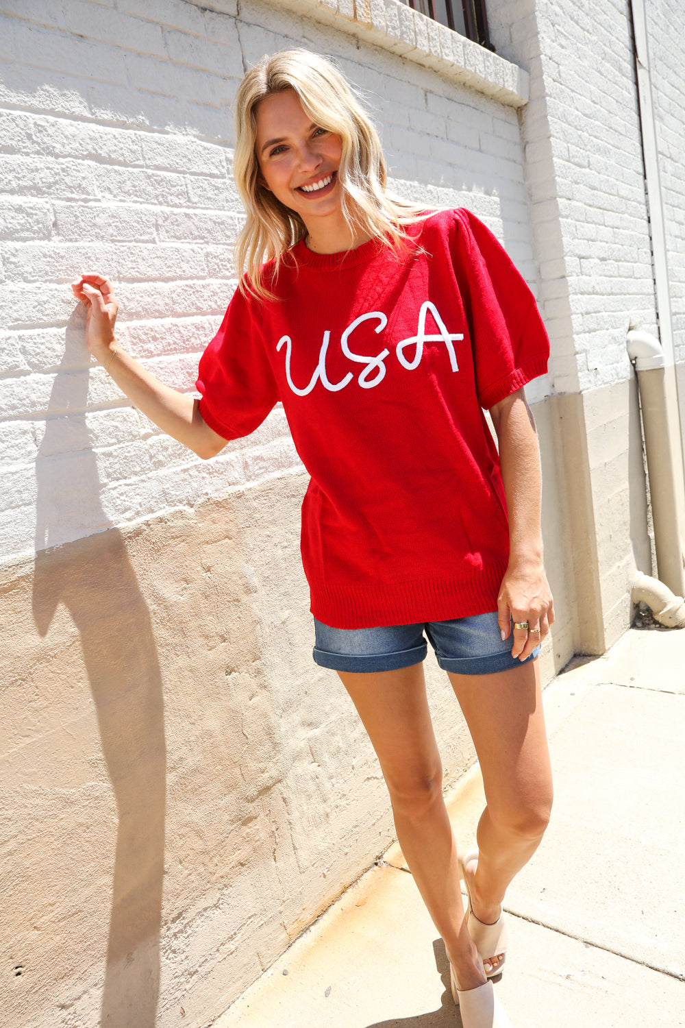 Patriotic USA Red Knit Embroidery Puff Sleeve Sweater Top