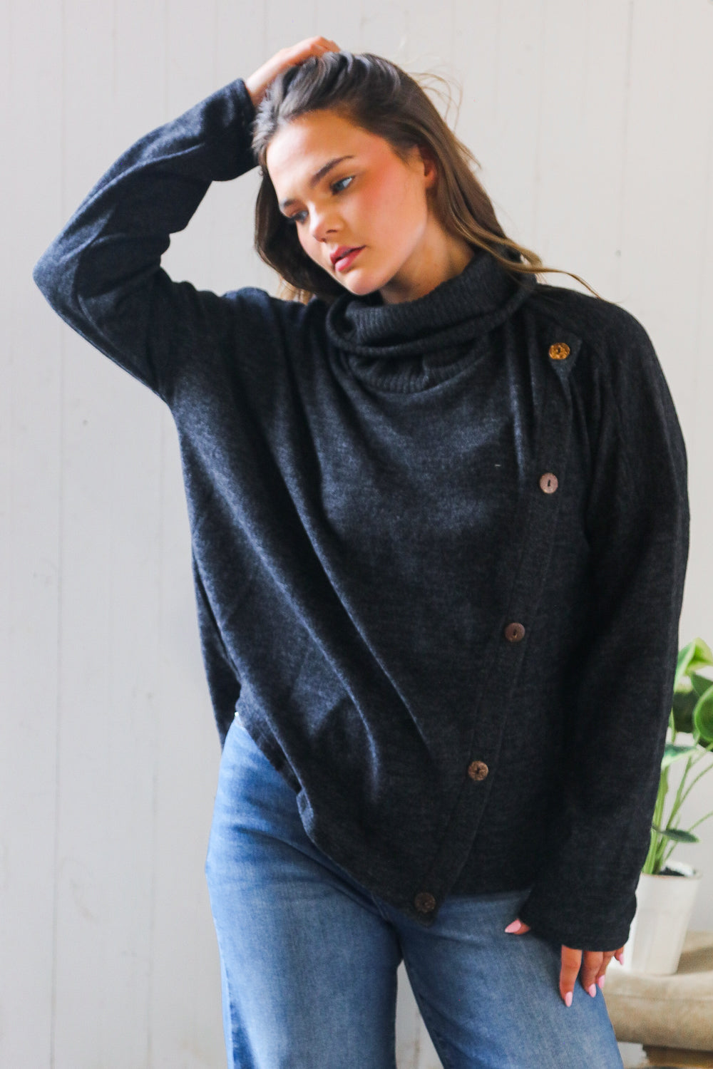 Buttoned Bliss Black Cozy Sweater
