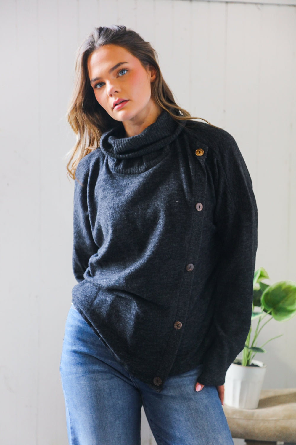 Buttoned Bliss Black Cozy Sweater
