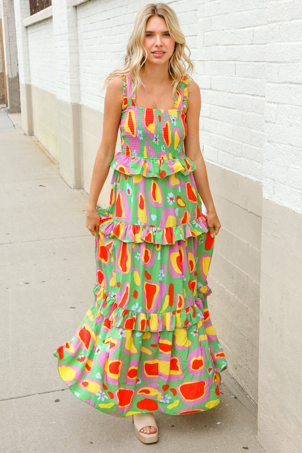 Sunny Days Abstract Print Tiered Ruffle Smocked Sleeveless Maxi