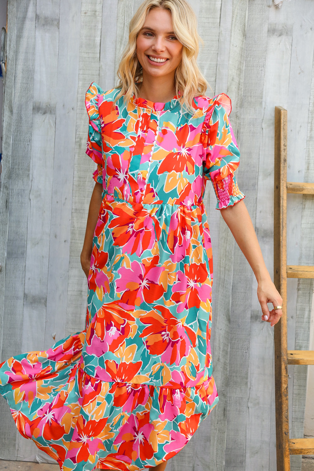 Dazzle In Orange & Aqua Floral Smocked Notched Neck Midi Dress