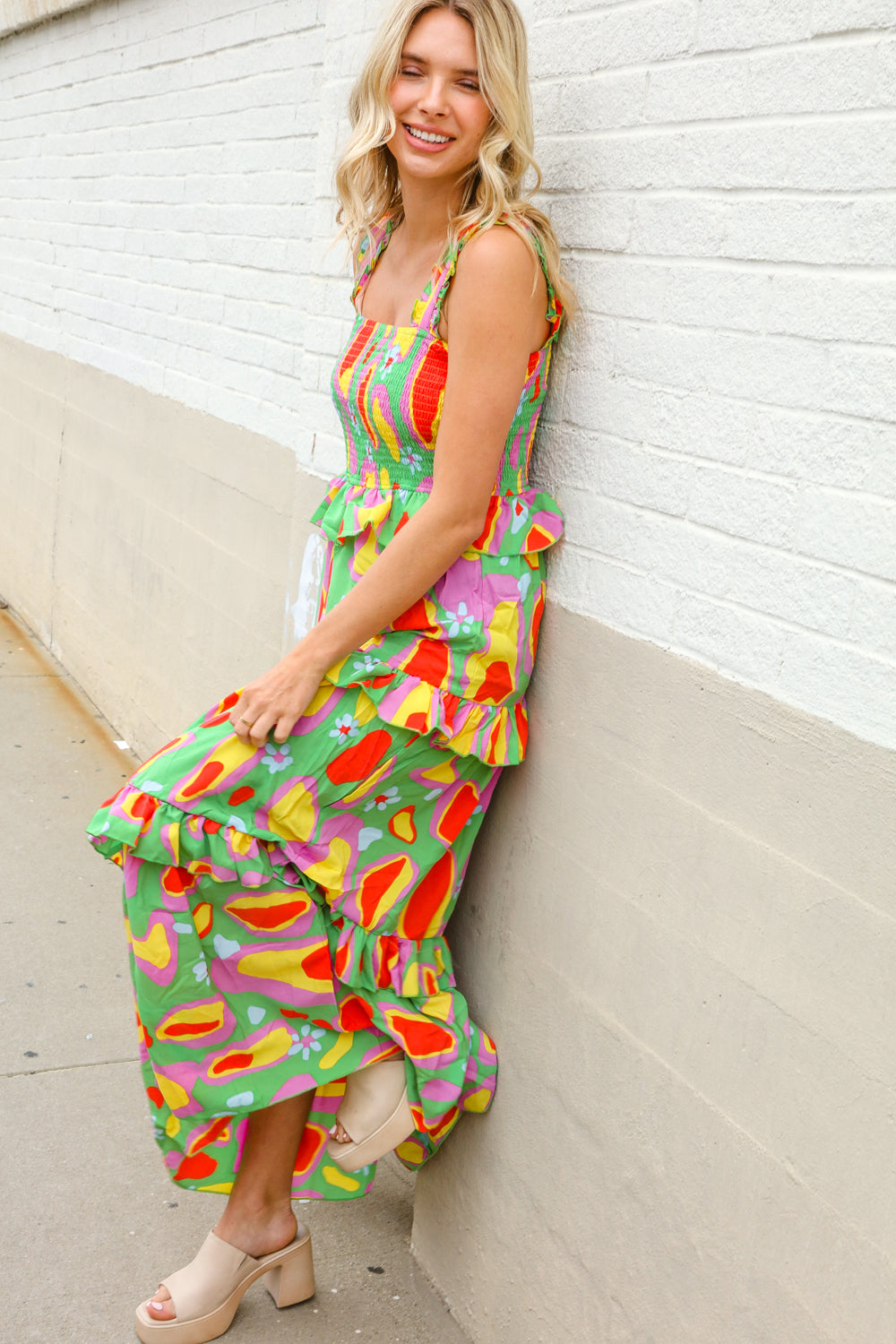 Sunny Days Abstract Print Tiered Ruffle Smocked Sleeveless Maxi