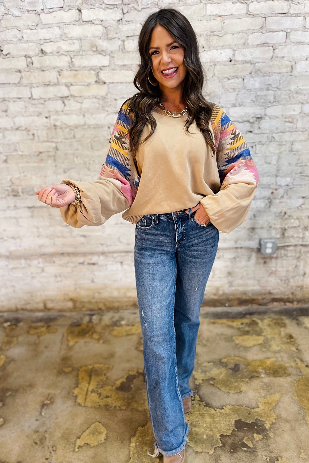 Light French Beige Geometric Patchwork Raglan Sleeve Pullover Sweatshirt