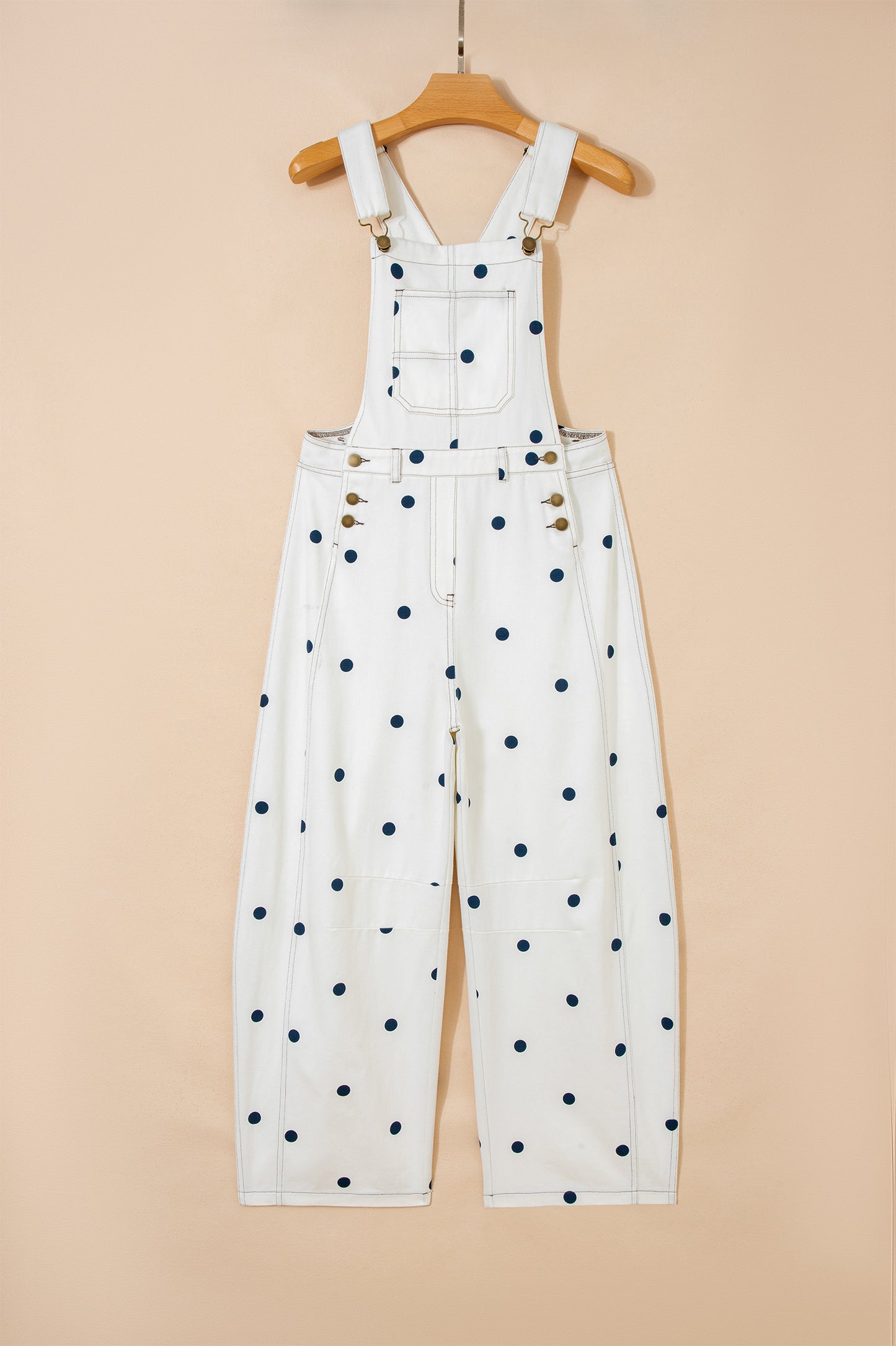 Light French Beige Polka Dot Print Bib Pocket Denim Barrel Overalls Jumpsuit