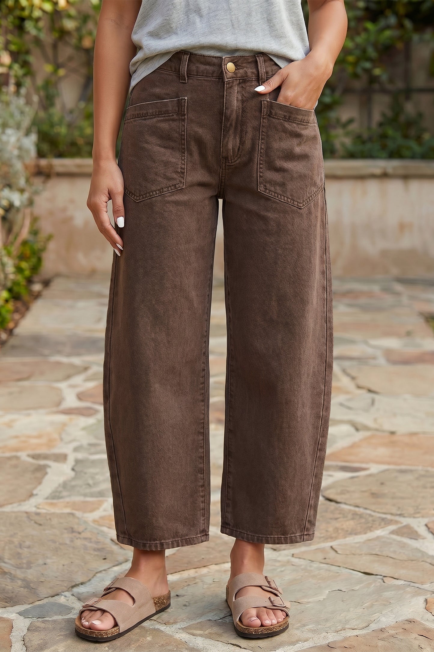Beau Blue Solid Color Square Patch Pocket Ankle-length Barrel Jeans
