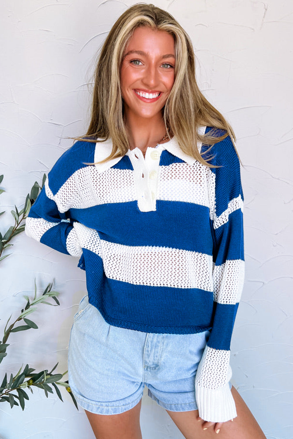 Blue Stripe Colorblock Polo Collar Eyelet Crochet Knit Sweater