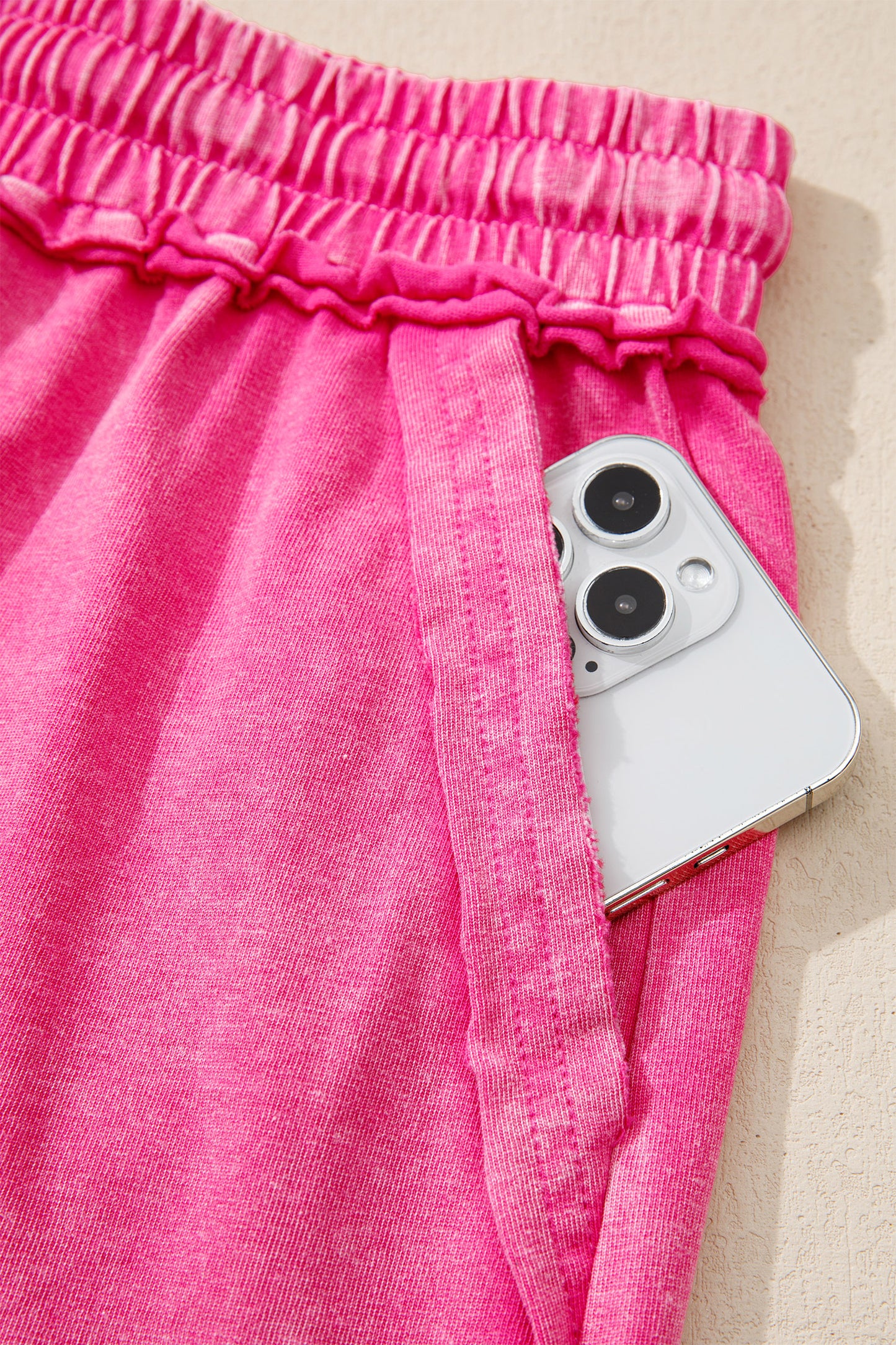 Sea Green Mineral Washed Drawstring Elastic Waist Raw Cut Shorts