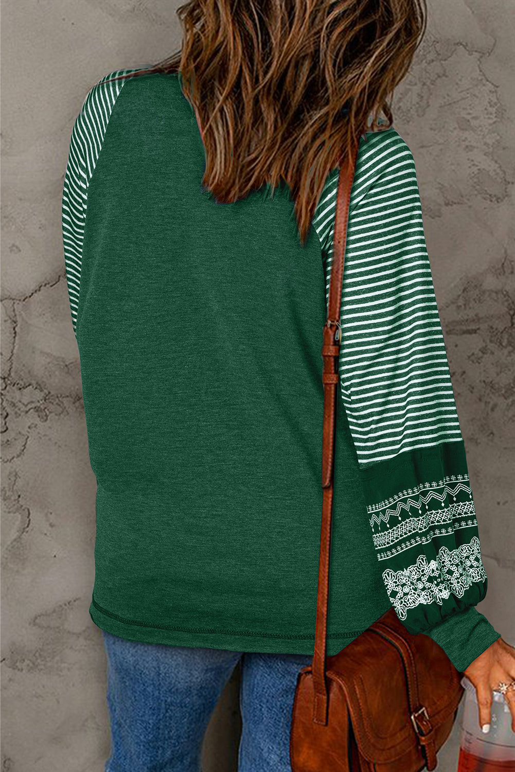 Brown Contrast Print Striped Raglan Long Sleeve Loose Top
