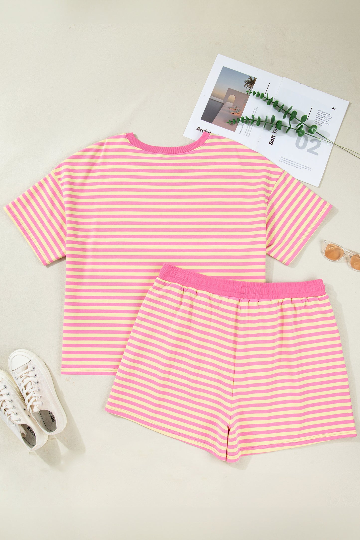 Green Stripe Boxy Tee Drawstring Elastic Waist Plus Size Short Set