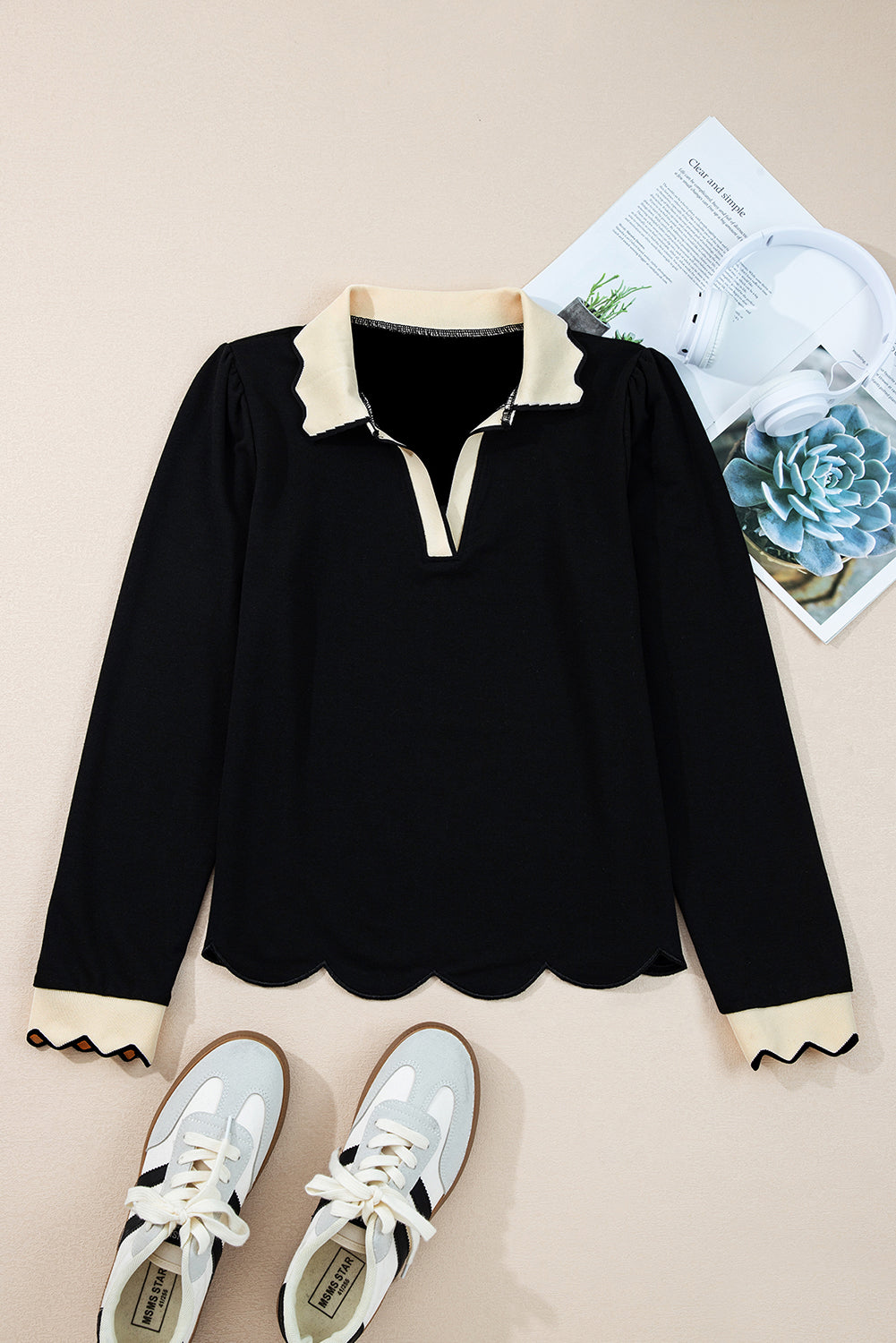 Black Scallop Trim Colorblock Long Sleeve Collared Top