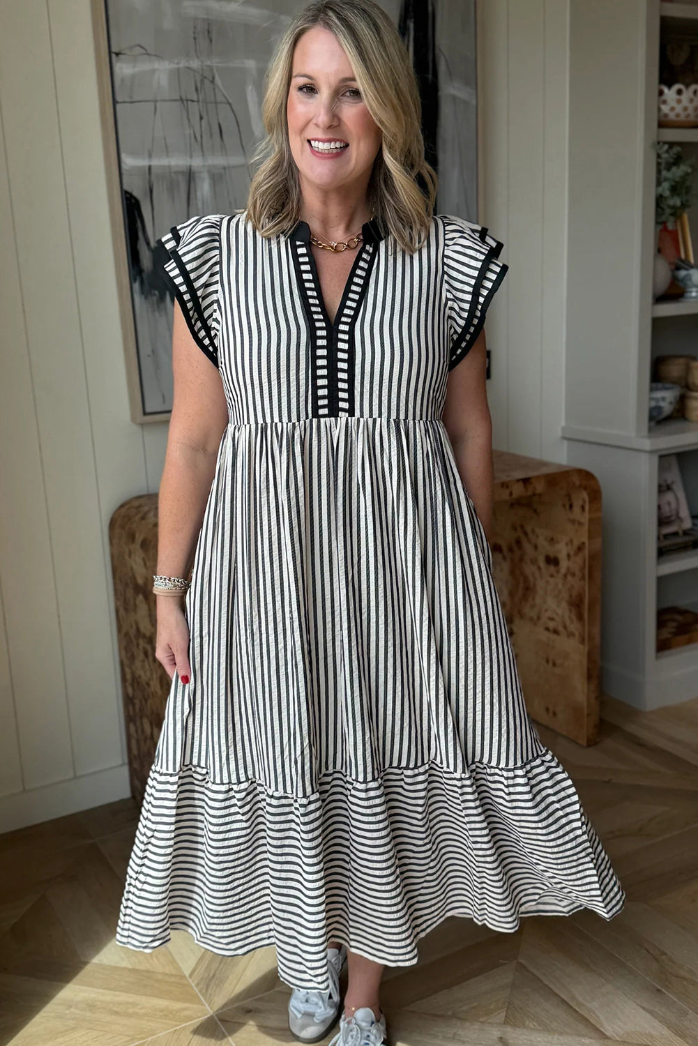 Brown Stripe Double Ruffled Short Sleeve Contrast Trim V Neck Midi Dress