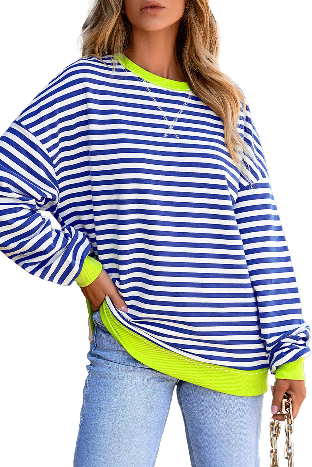 Sky Blue Striped Contrast Trim Drop Shoulder Sweatshirt
