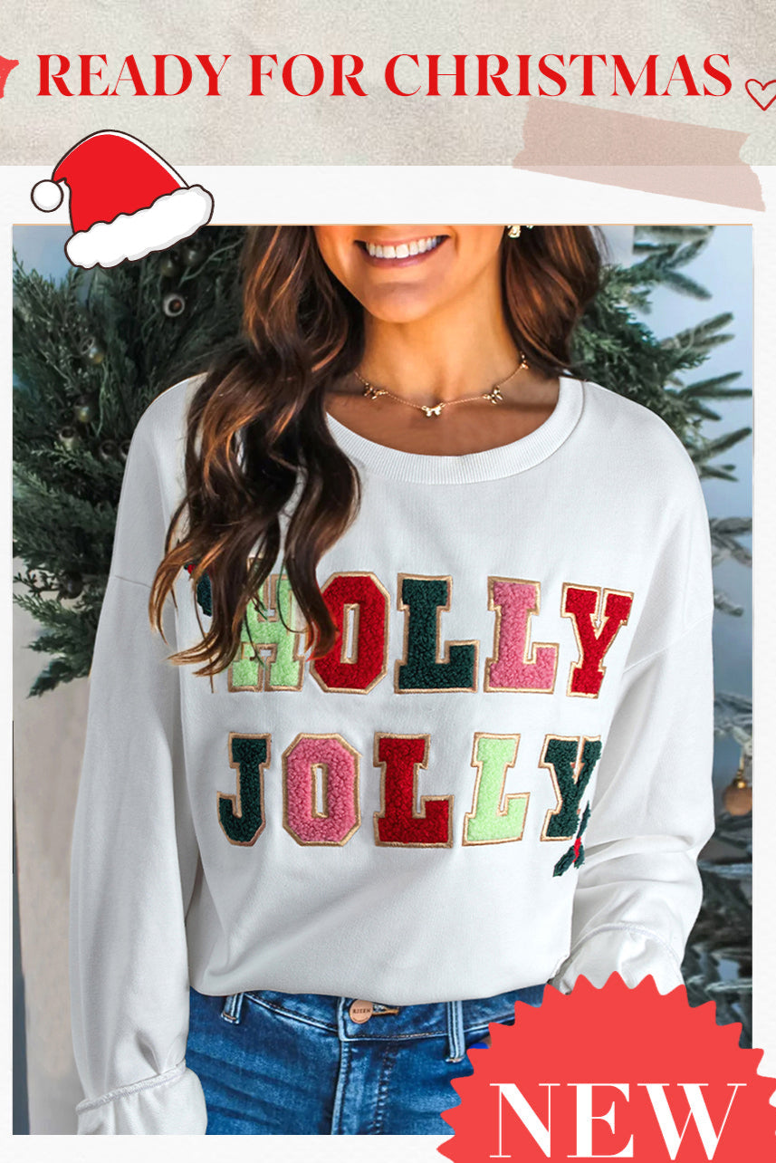White Cream Collage Letter Christmas Pullover Sweatshirt