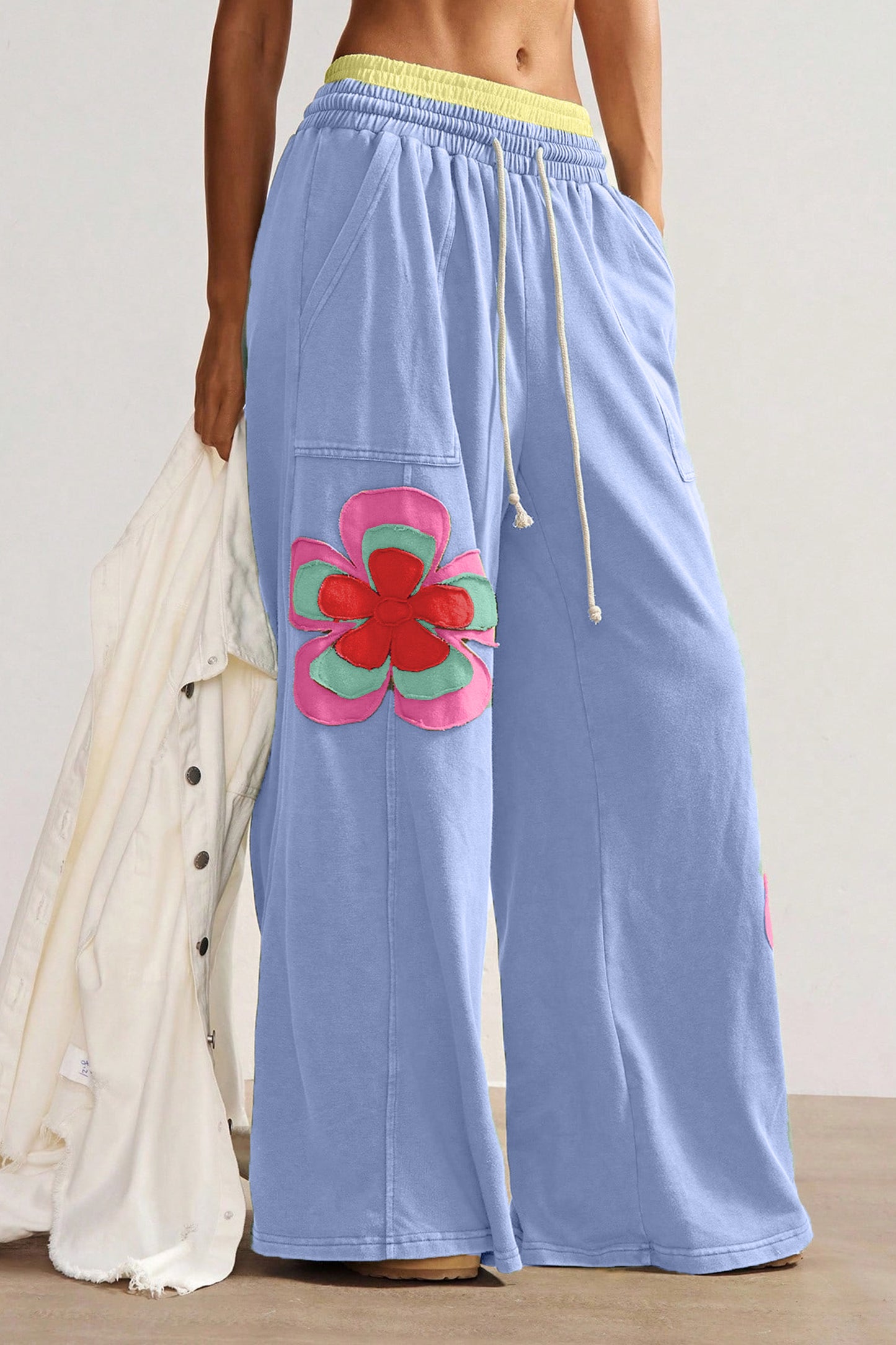 Block Flower Patchwork Drawstring Contrasted Elastic Waist Wide Leg Pants