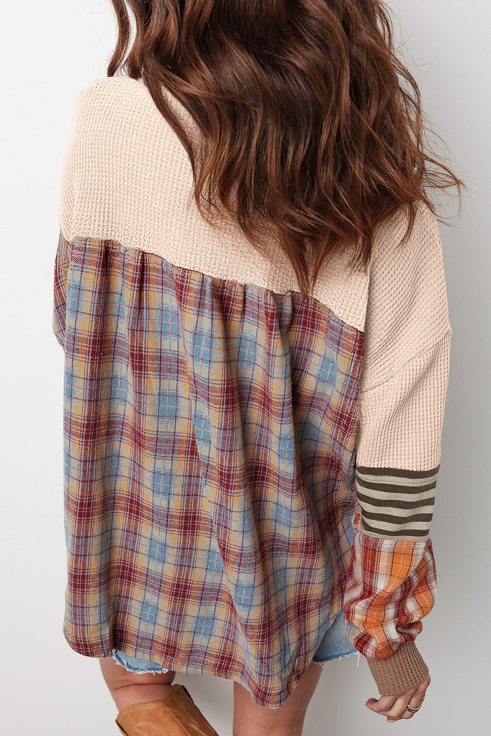 Straw Yellow Waffle Stripe Plaid Patchwork Henley Top