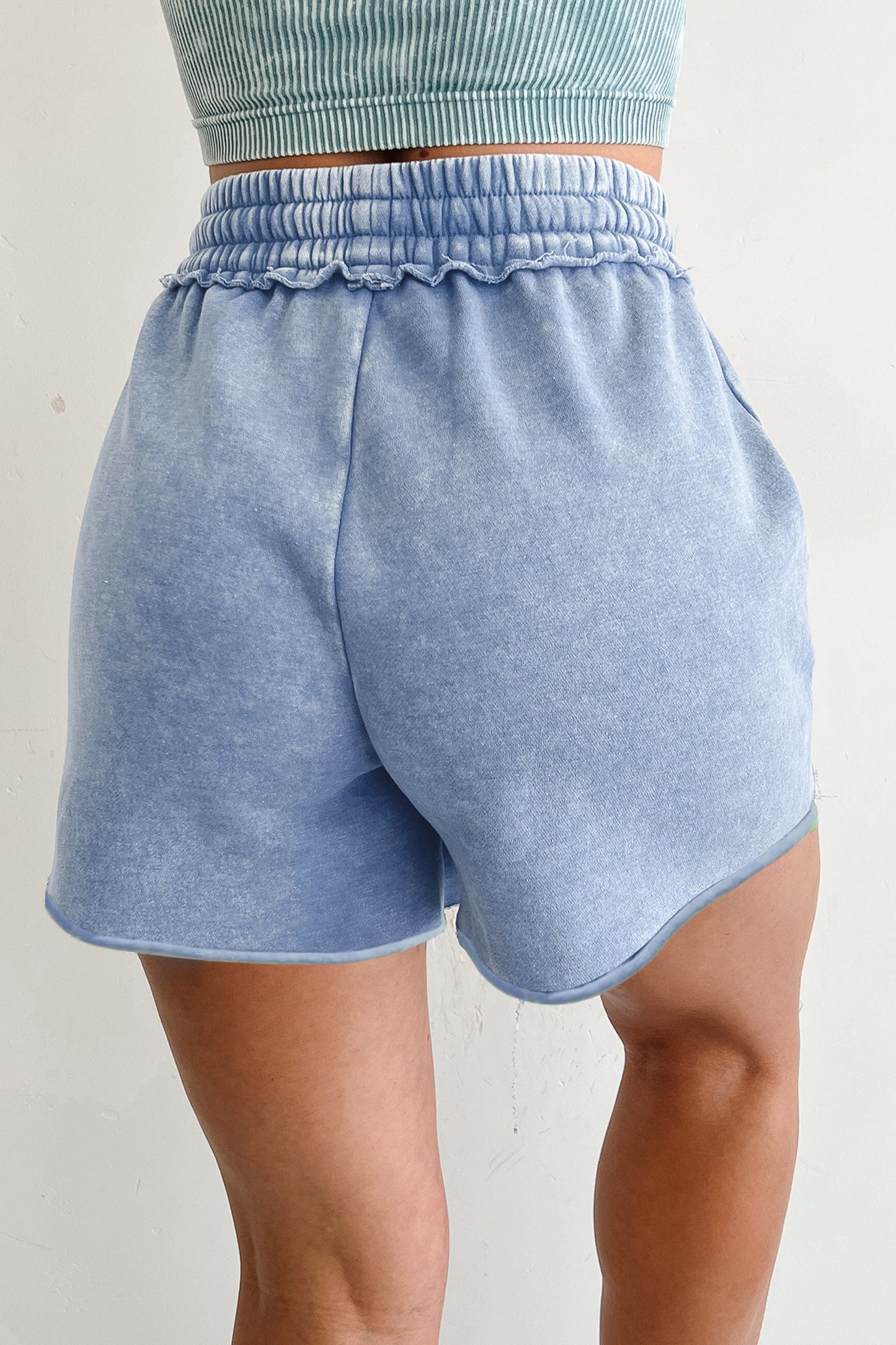 Sea Green Mineral Washed Drawstring Elastic Waist Raw Cut Shorts