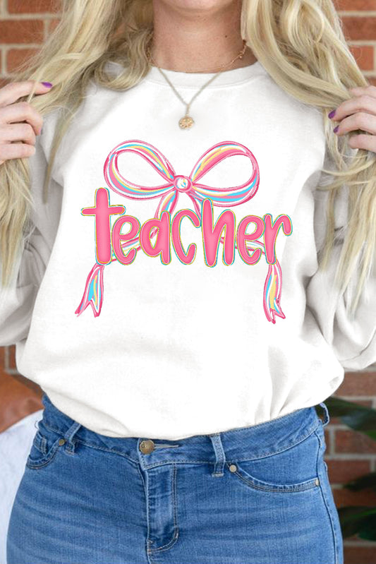 White teacher Bow Graphic Pullover Sweatshirt