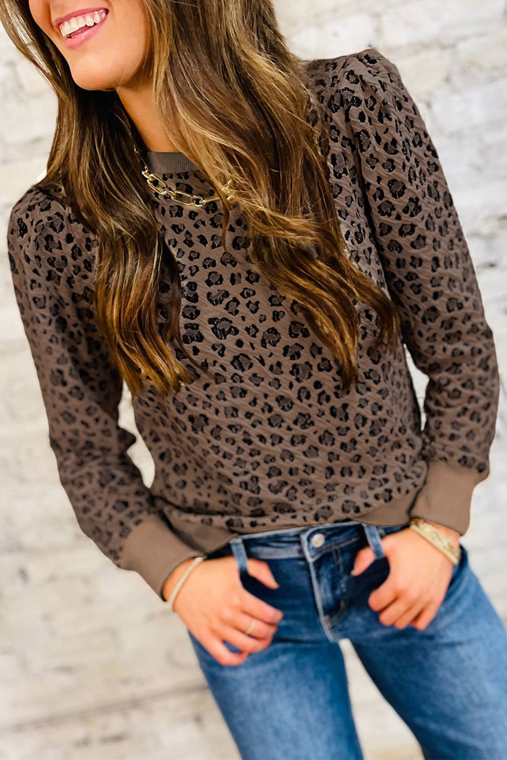 Brown Ribbed Trim Leopard Print Long Sleeve Top