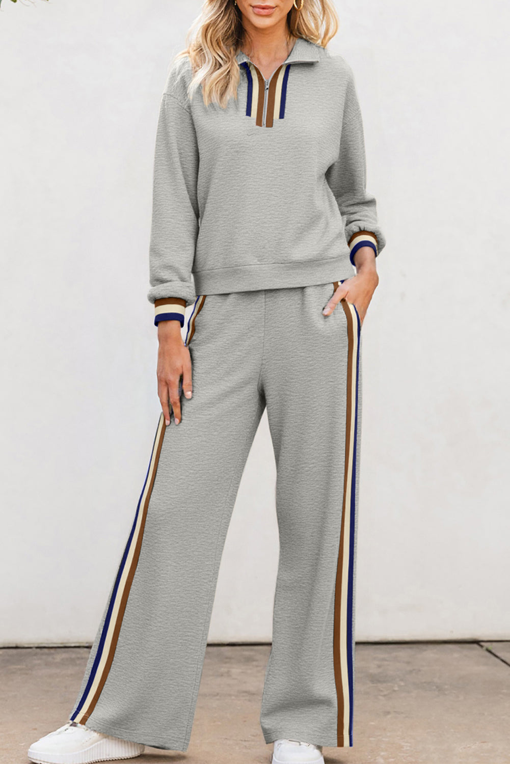 Apricot Striped Patchwork Quarter Zip Pullover Loose Pants Set