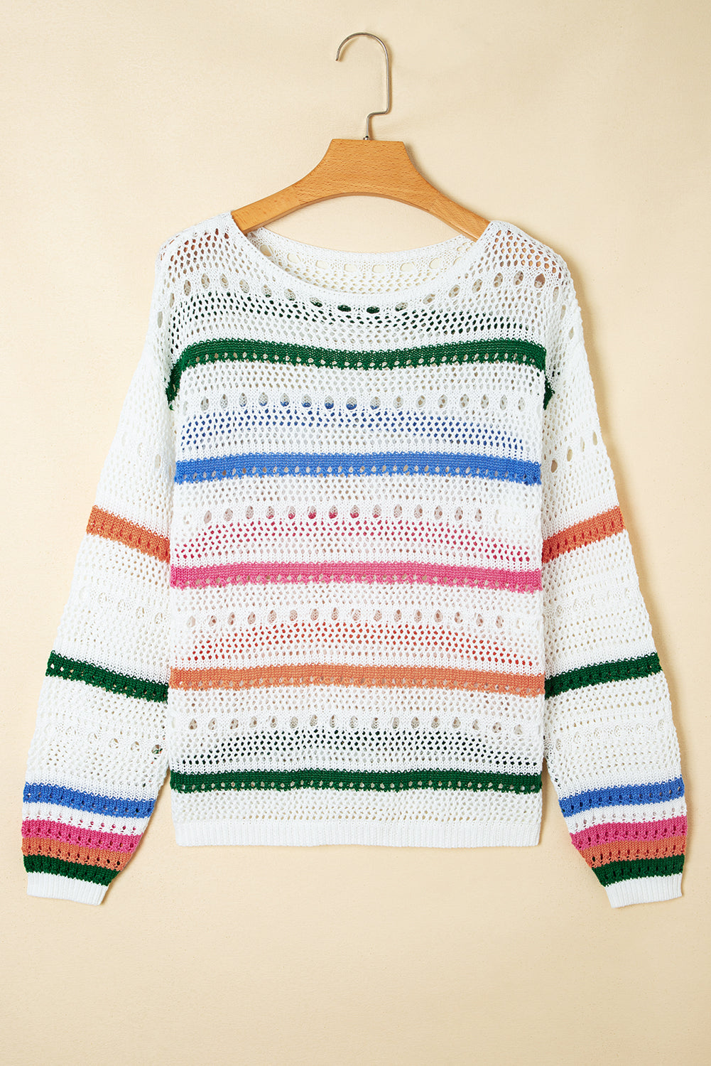 White Colorblock Striped Pointelle Knit Sweater