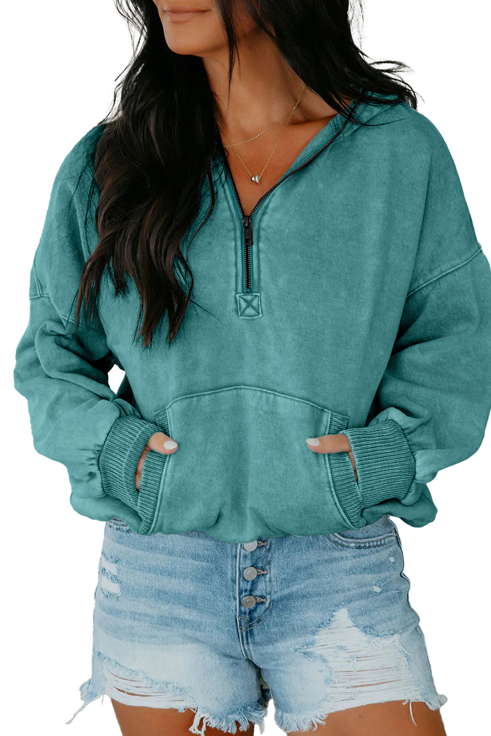 Half Zip Kangaroo Pocket Mineral Wash Baggy Hoodie